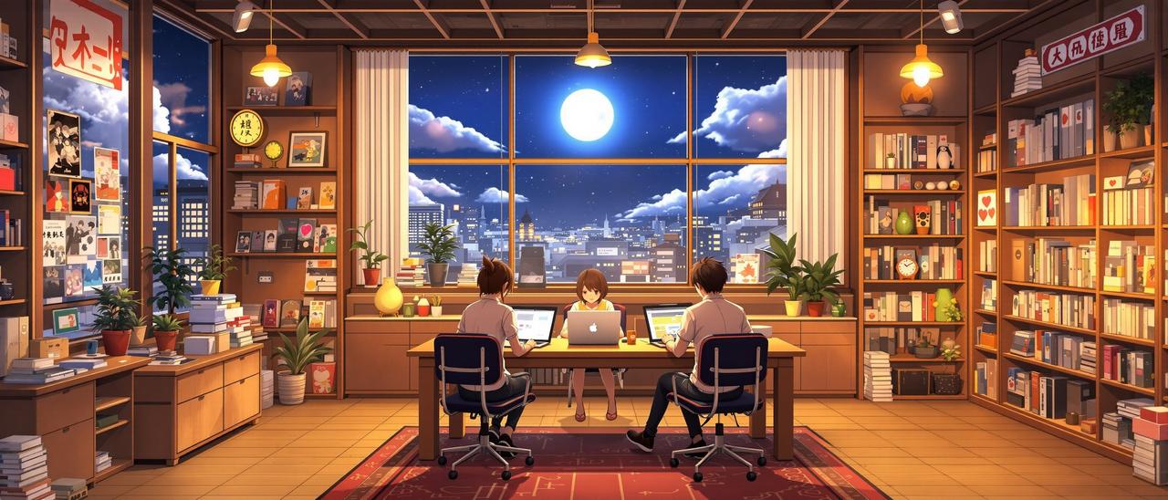快看动漫团队工作场景 - 月光下的动漫编辑部，充满番剧海报与温暖灯光